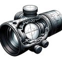 Illustration of a First Focal Plane (FFP) scope, with a detailed cutaway view showing the internal lens arrangement and the reticle's position