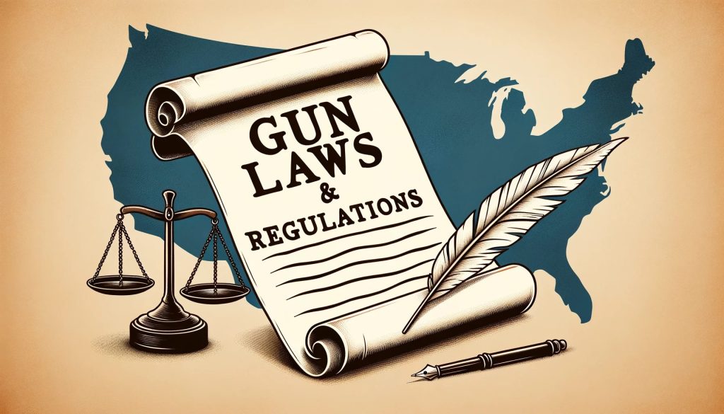 Illustration of a parchment scroll featuring the text 'Gun Laws & Regulations' with a quill pen beside it