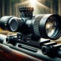 Photo of a variable power scope mounted on a rifle, set against a blurred forest background. The focus is on the scope's adjustment rings